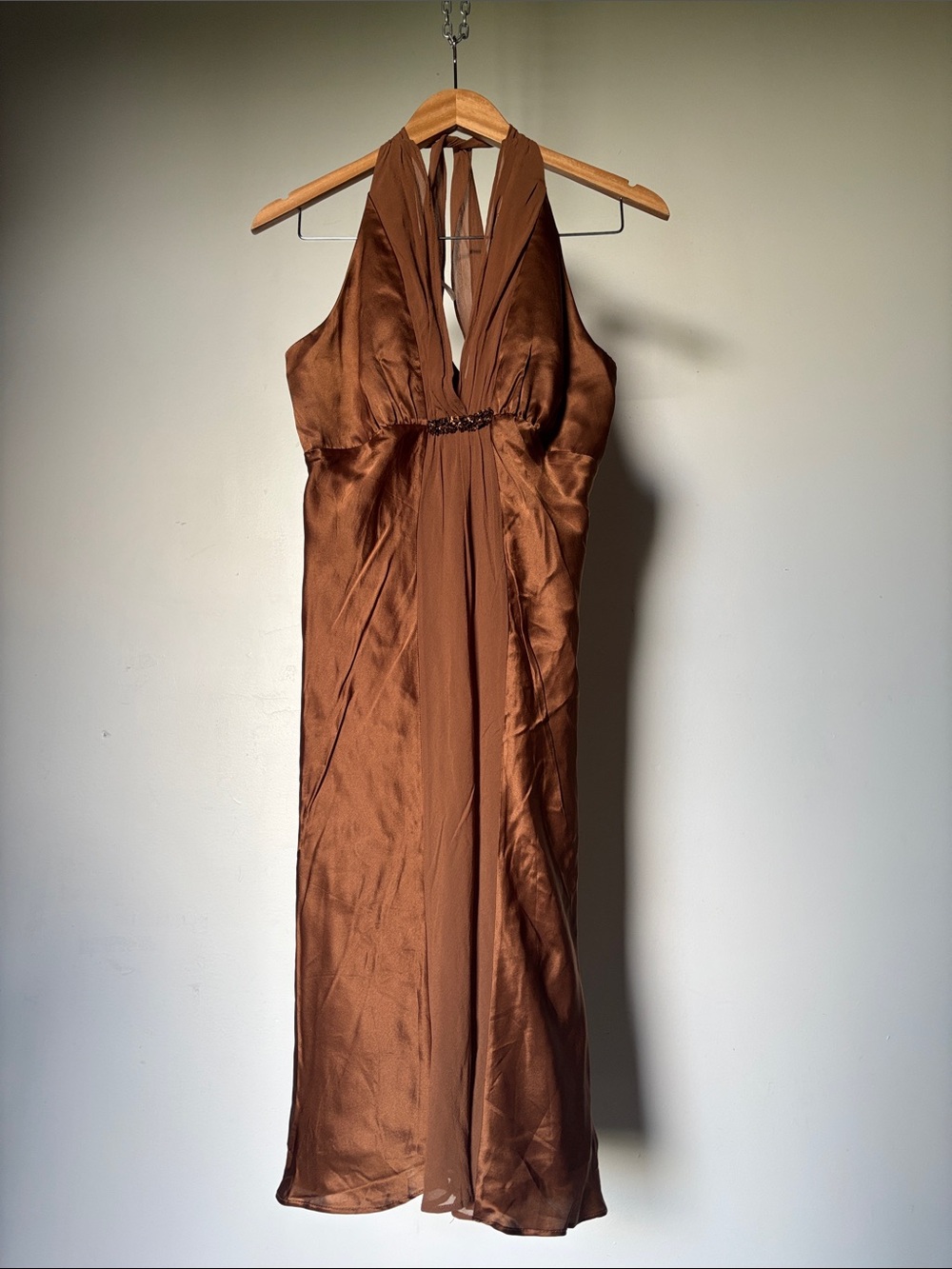 Vintage Y2K Halter Midi Dress Copper-Brown Backless Silk Size 6